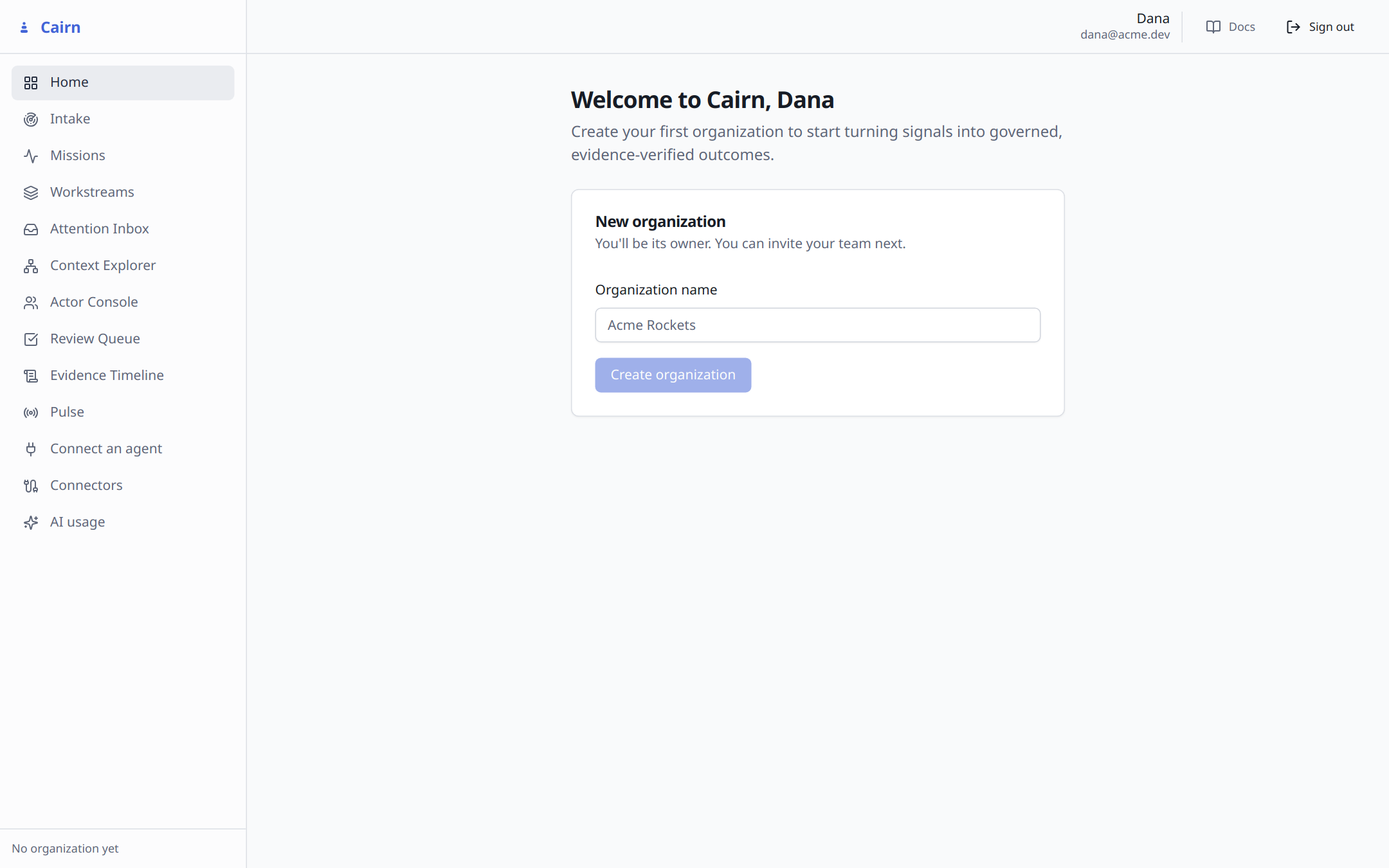 First sign-in: the New organization card
