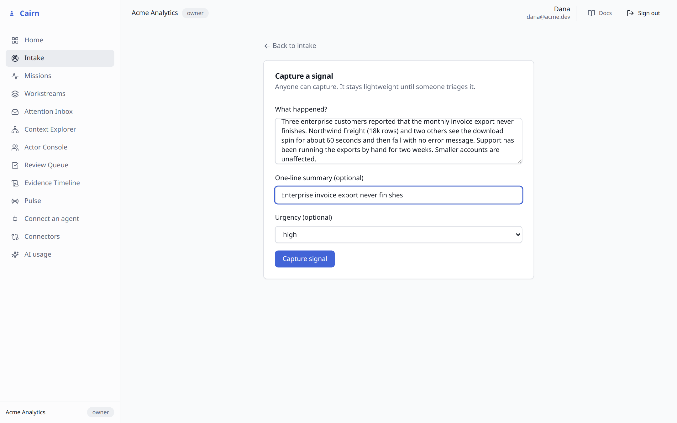 The capture form, filled with a raw customer report