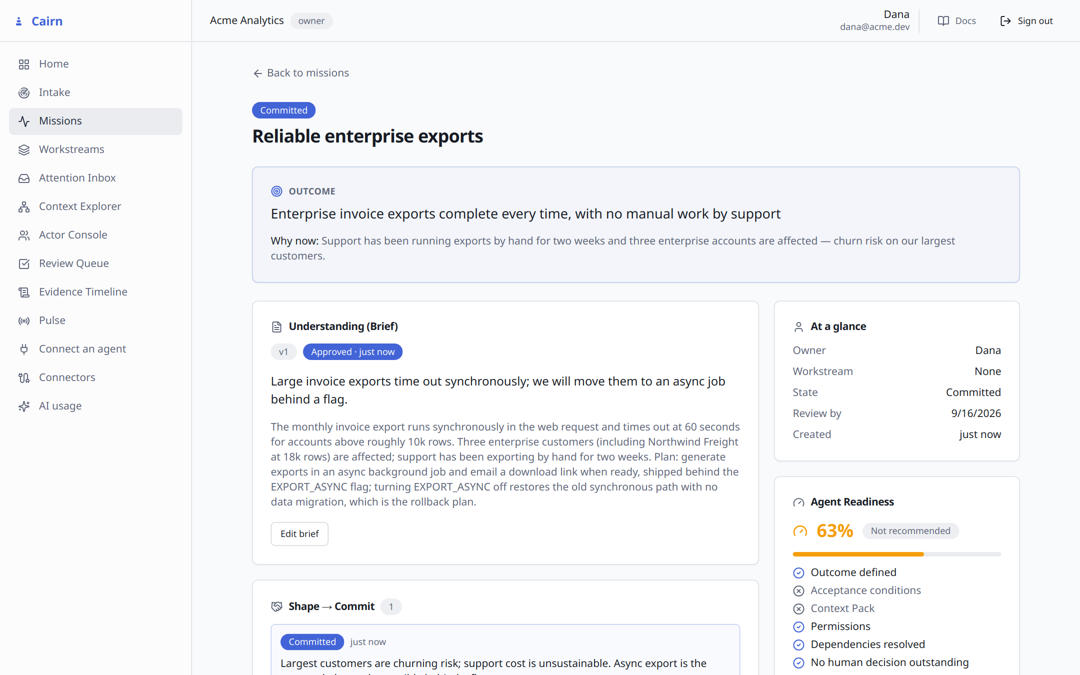 The canvas after committing: rationale, out-of-scope, and a review date that can't drift