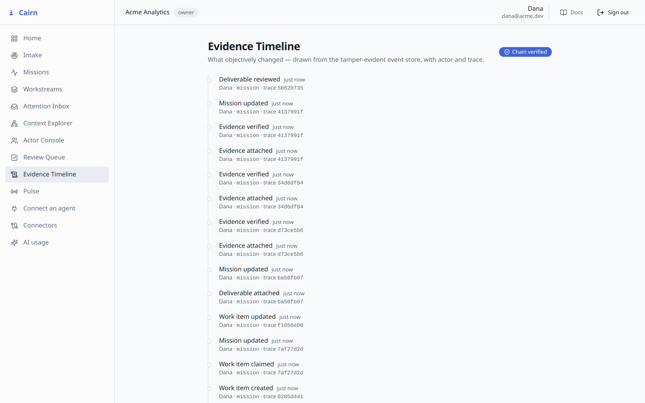 The tamper-evident timeline, chain verified