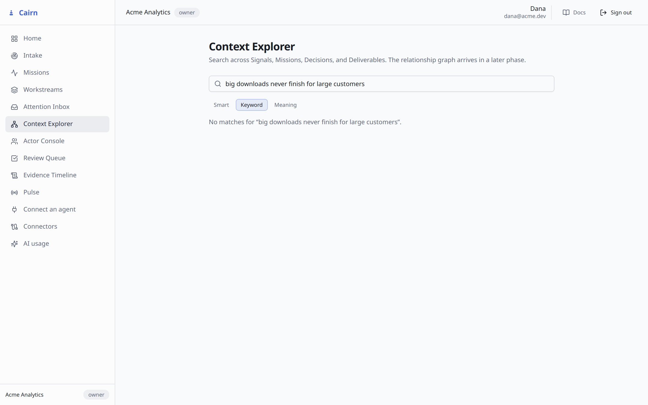 The same query in keyword mode: no matches