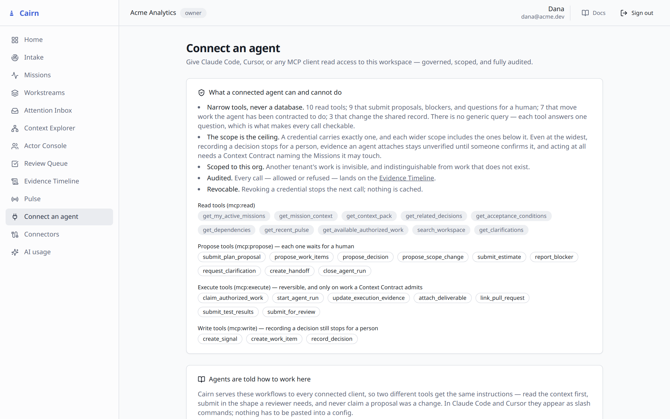 The Connect an agent page, with tools, scopes, and served workflows